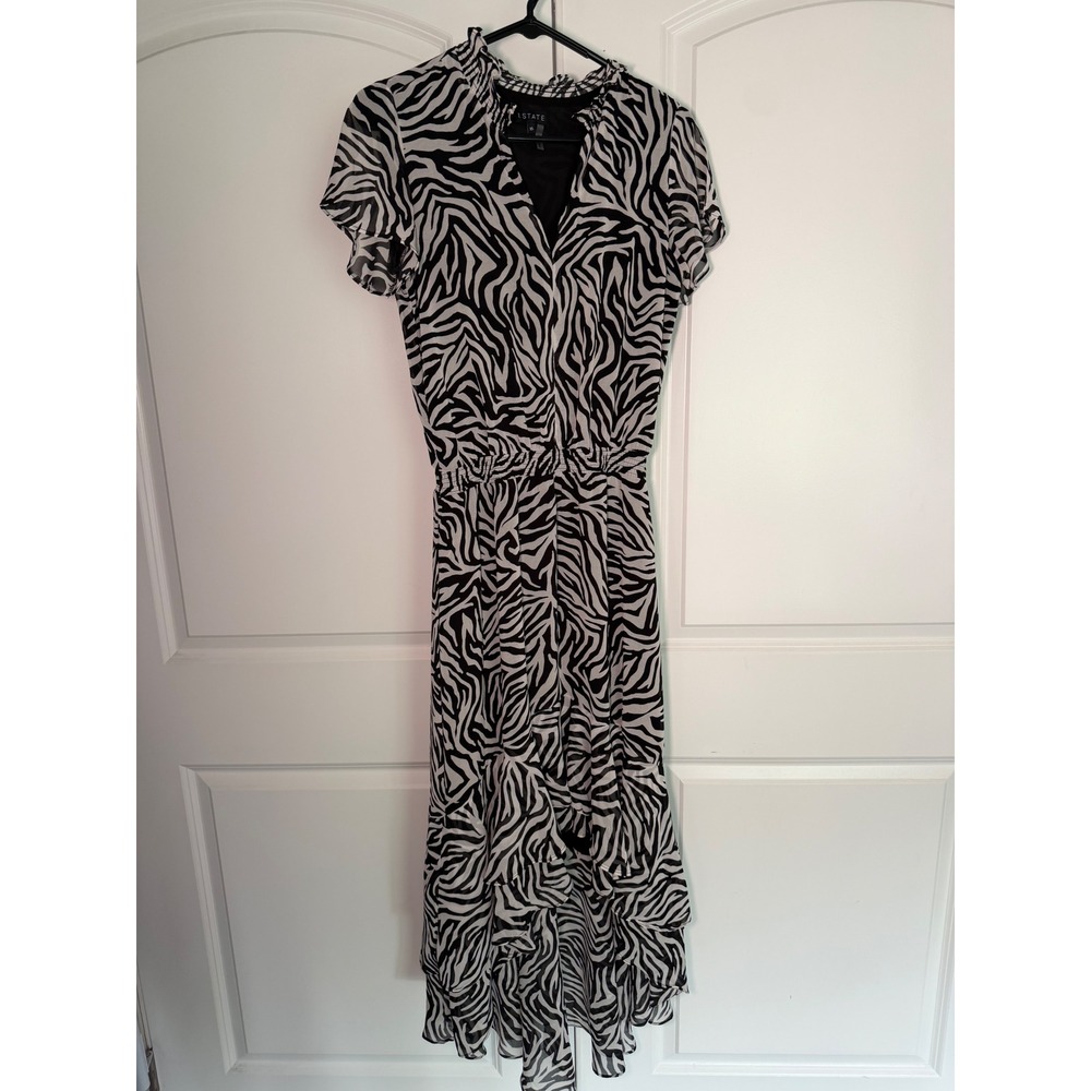 1.STATE Zebra Print Midi Dress Black White Ruffle High Low V-Neck XS